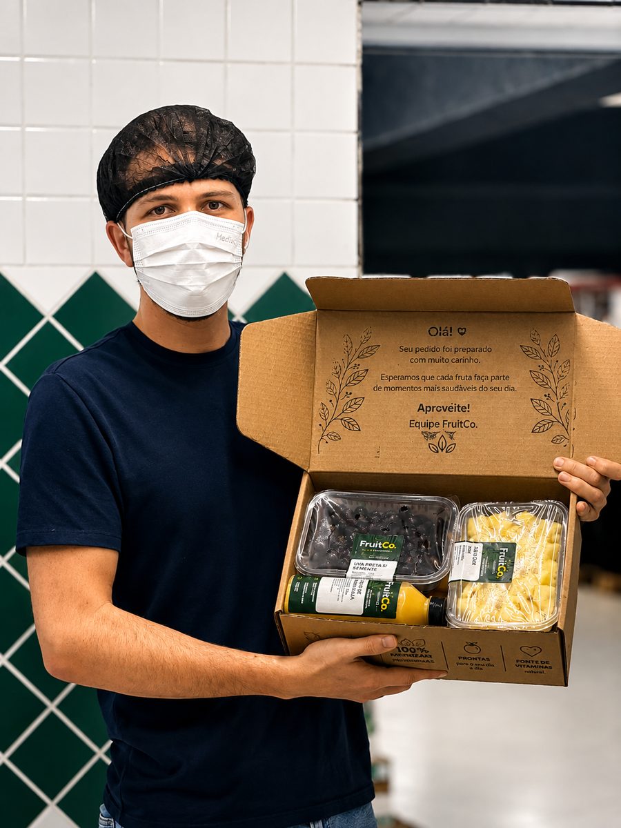 Colaborador da FruitCo de touca e máscara segurando uma caixa aberta pronta para entrega