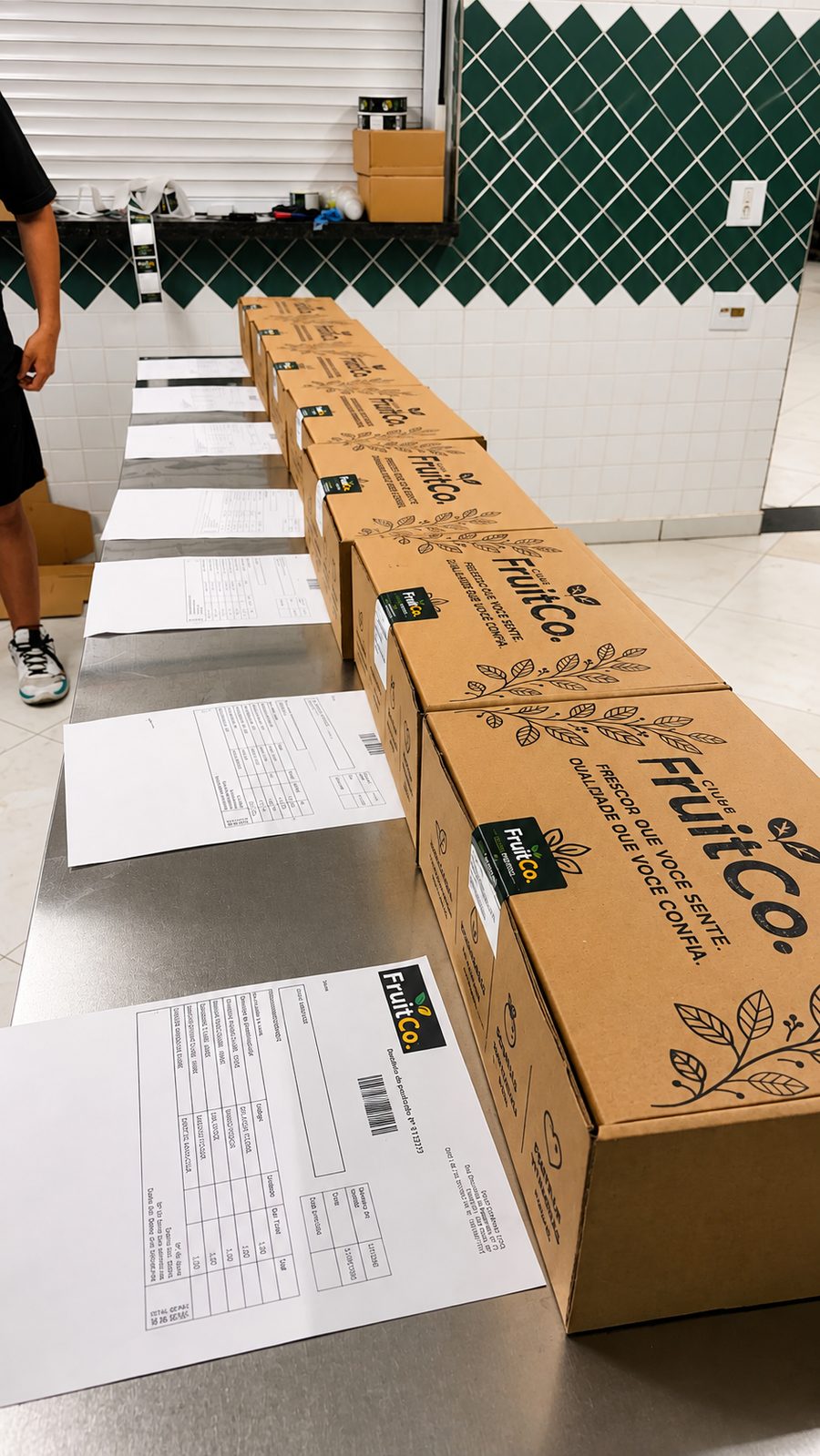 Caixas FruitCo fechadas e lacradas ao lado dos romaneios de conferência